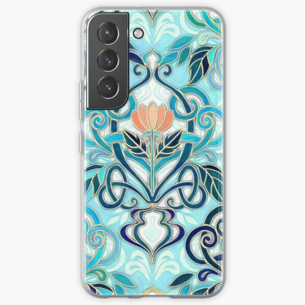 Ocean Aqua Art Nouveau Pattern with Peach Flowers Samsung Galaxy Soft Case