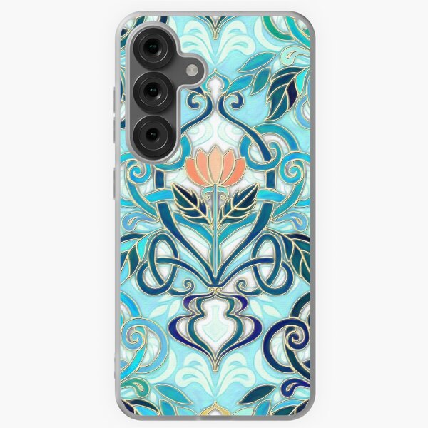 Item preview, Ocean Aqua Art Nouveau Pattern with Peach Flowers designed and sold by micklyn.