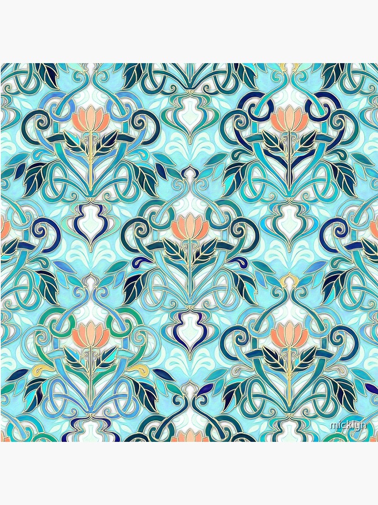 Ocean Aqua Art Nouveau Pattern with Peach Flowers