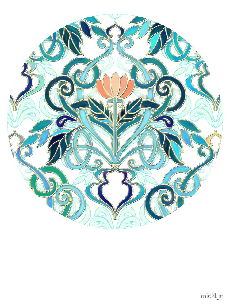 Ocean Aqua Art Nouveau Pattern with Peach Flowers