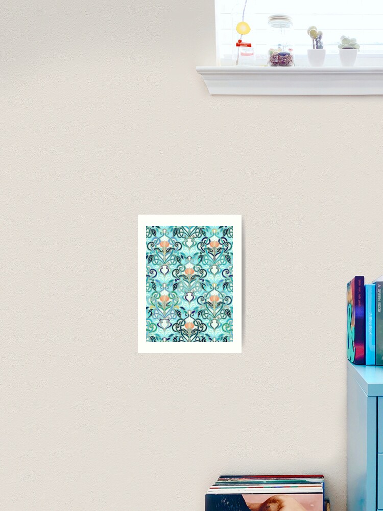 Ocean Aqua Art Nouveau Pattern with Peach Flowers Art Print by micklyn