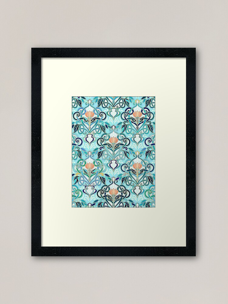 Ocean Aqua Art Nouveau Pattern with Peach Flowers | Framed Art Print