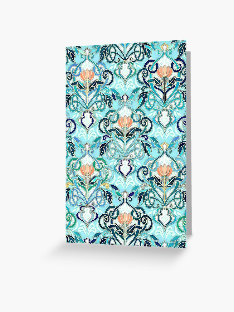 Ocean Aqua Art Nouveau Pattern with Peach Flowers Art Print by micklyn