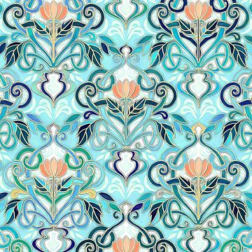 Ocean Aqua Art Nouveau Pattern with Peach Flowers - Nouveau Art - Magnet