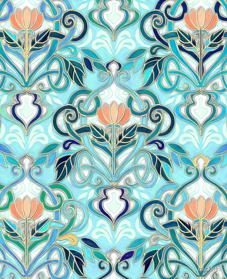 Ocean Aqua Art Nouveau Pattern with Peach Flowers