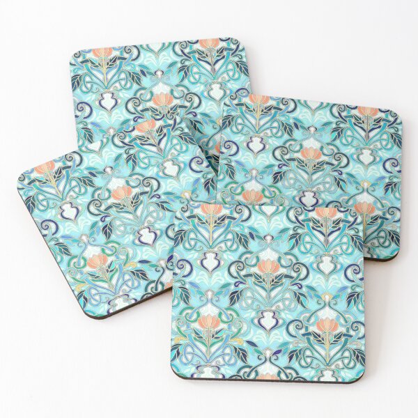 Item preview, Ocean Aqua Art Nouveau Pattern with Peach Flowers designed and sold by micklyn.
