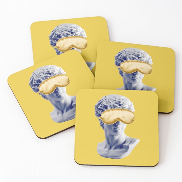 Item preview, Gypsum statue of David head in golden sleep mask, ancient greek sculpture. Creative, sleep, spa and relax concept. Minimal concept art. Last or blind judgment. Toned picture designed and sold by Magryt.