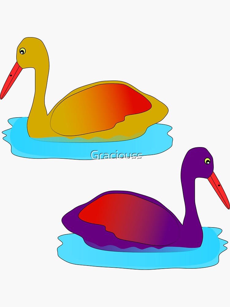 "Purple duck and yellow colorful ducks swimming in water" Sticker by