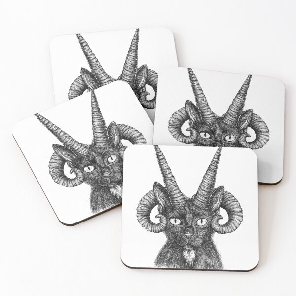 Item preview, Demonic horned cat ink illustration designed and sold by RedFinchDesigns.