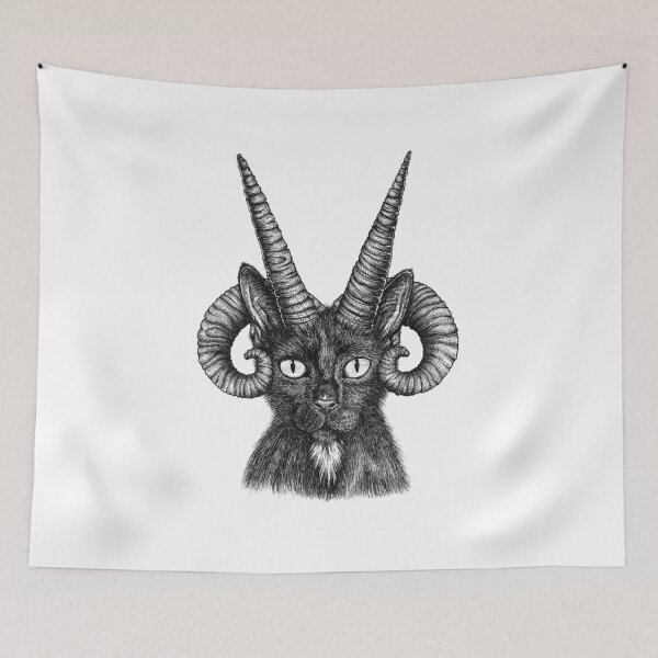 Item preview, Demonic horned cat ink illustration designed and sold by RedFinchDesigns.