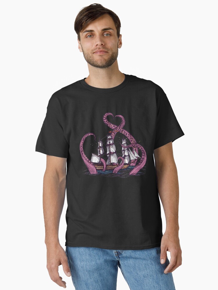 Thumbnail 2 of 7, Classic T-Shirt, Vintage Octopus Sea Monster Kraken with Ship Tentacles of Cthulhu designed and sold by XOZart.