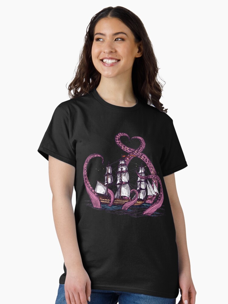 Thumbnail 1 of 7, Classic T-Shirt, Vintage Octopus Sea Monster Kraken with Ship Tentacles of Cthulhu designed and sold by XOZart.
