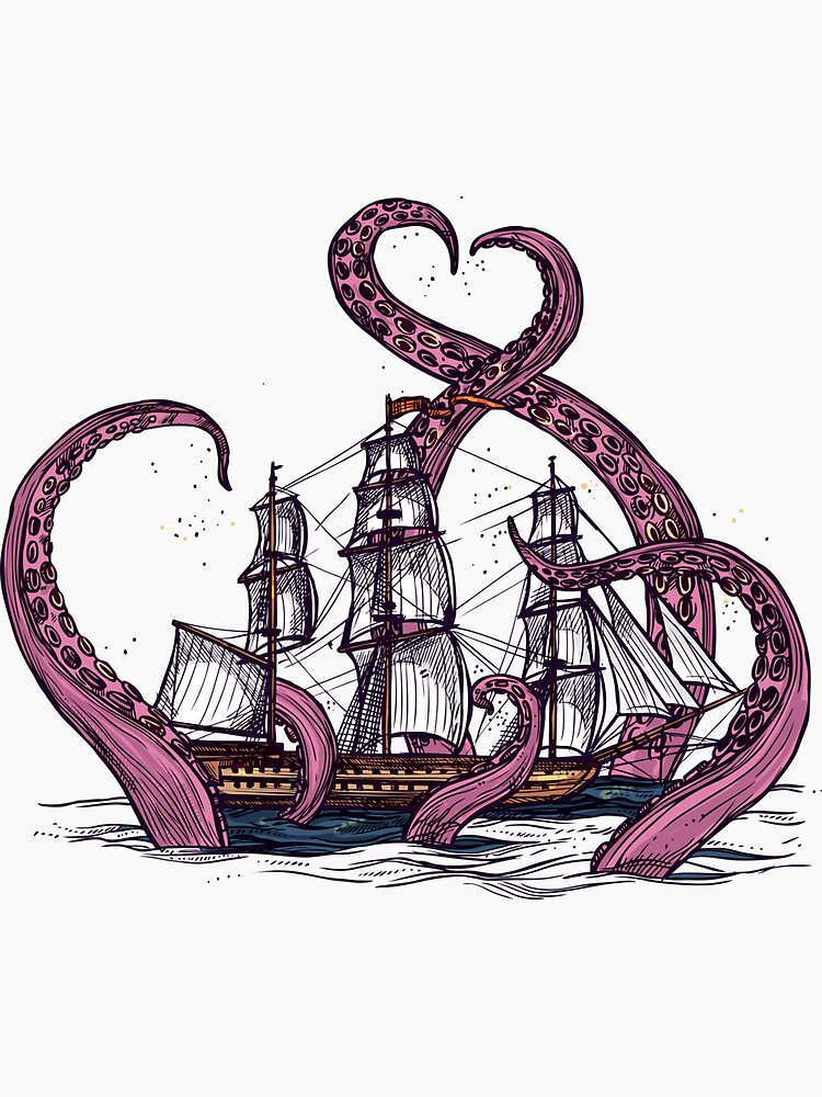 Thumbnail 3 of 3, Sticker, Vintage Octopus Sea Monster Kraken with Ship Tentacles of Cthulhu designed and sold by XOZart.