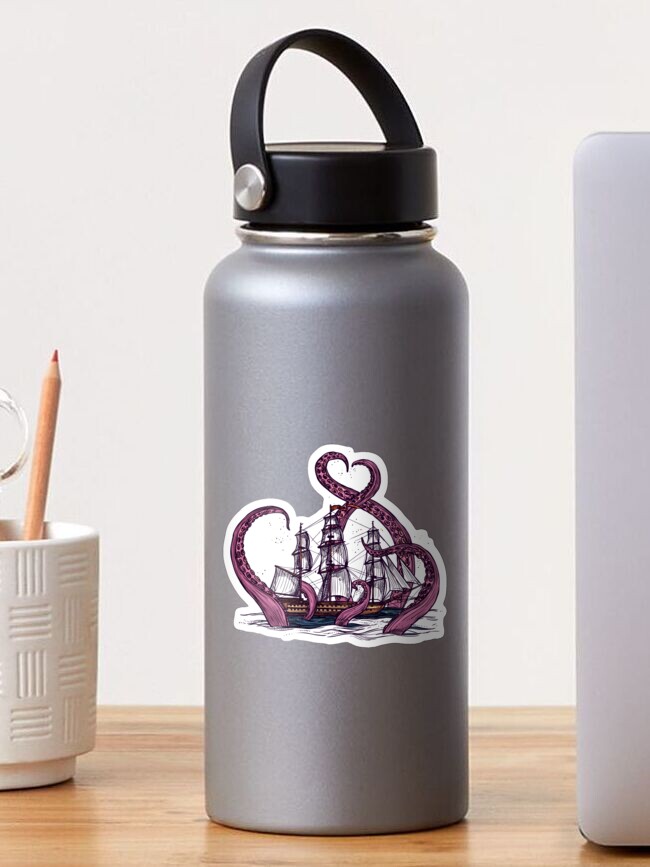 Thumbnail 1 of 3, Sticker, Vintage Octopus Sea Monster Kraken with Ship Tentacles of Cthulhu designed and sold by XOZart.