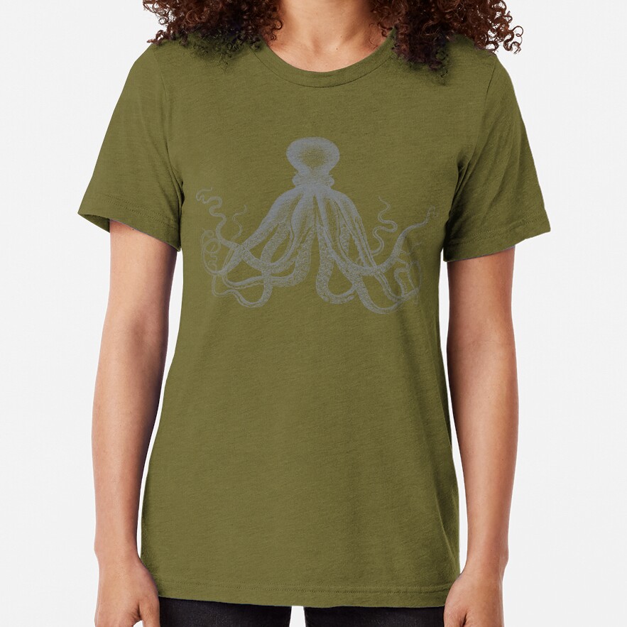 Octopus | Vintage Octopus | Tentacles | Sea Creatures | Nautical | Ocean | Sea | Beach | Grey and White | Tri-blend T-Shirt