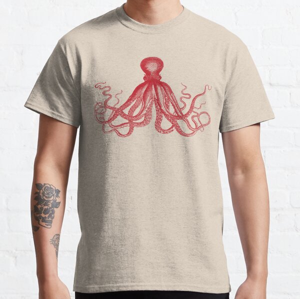 Octopus | Vintage Octopus | Tentacles | Sea Creatures | Nautical | Ocean | Sea | Beach | Red and White | Classic T-Shirt
