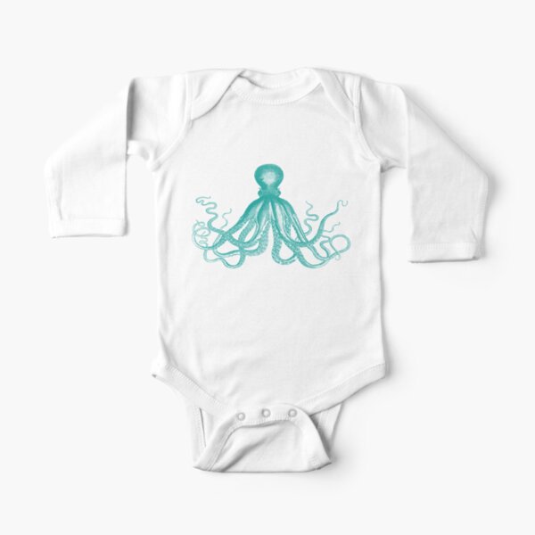 Octopus | Vintage Octopus | Tentacles | Sea Creatures | Nautical | Ocean | Sea | Beach | Teal and White | Long Sleeve Baby One-Piece