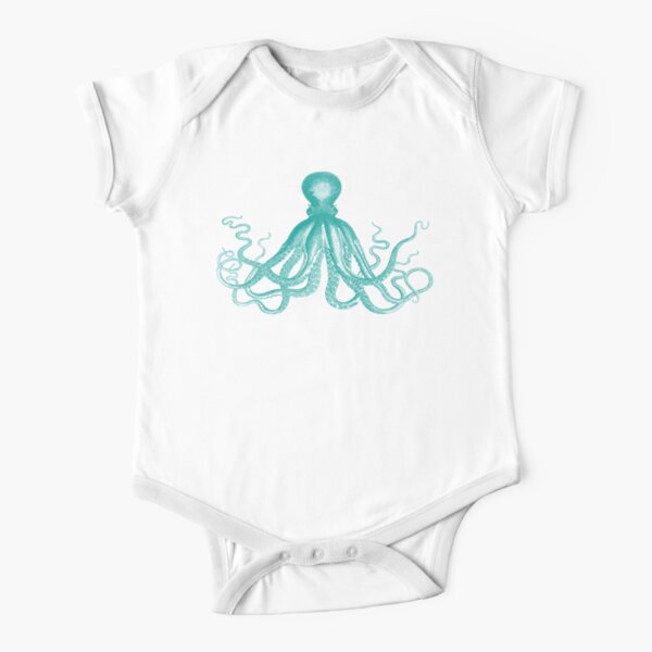 Octopus | Vintage Octopus | Tentacles | Sea Creatures | Nautical | Ocean | Sea | Beach | Teal and White | Short Sleeve Baby One-Piece
