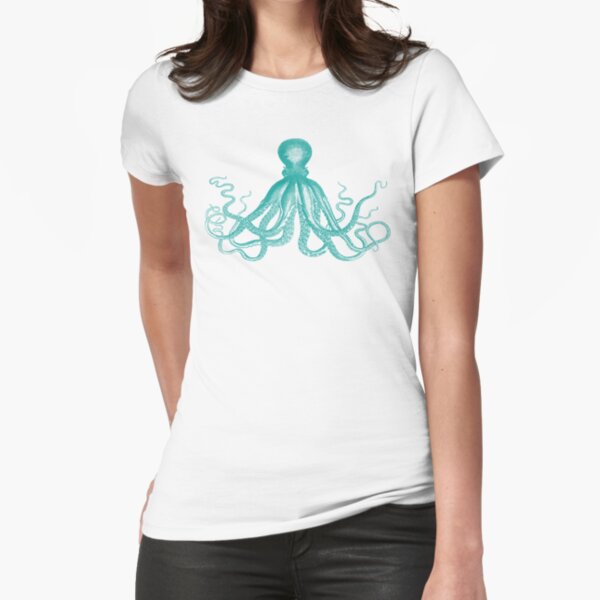 Octopus | Vintage Octopus | Tentacles | Sea Creatures | Nautical | Ocean | Sea | Beach | Teal and White | Fitted T-Shirt