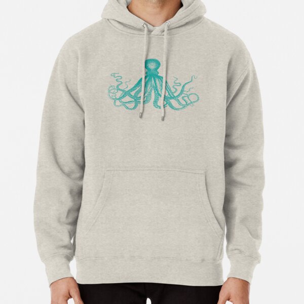 Octopus | Vintage Octopus | Tentacles | Sea Creatures | Nautical | Ocean | Sea | Beach | Teal and White | Pullover Hoodie