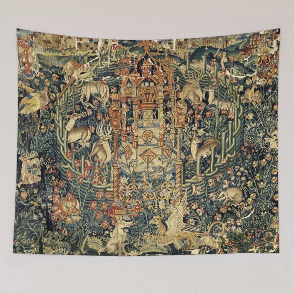 Item preview, SOURCE OF LIFE Verdure with Forest Animals in Private Garden, Floral Medieval Tapesty designed and sold by BulganLumini.