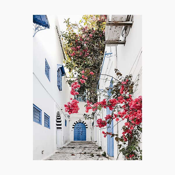 Item preview, Alley with blue door and pink blossom in Tunisia  designed and sold by Melissa Peltenburg.