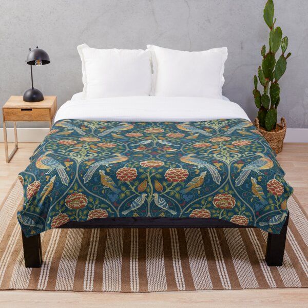 Roses and Birds Vintage Pattern (Blue) by William Morris Throw Blanket