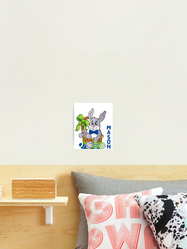 Aperçu 2 sur 3. Impression photo avec l'œuvre Mason Personalized Easter Bunny in basket Design with eggs and name créée et vendue par Riley5146.