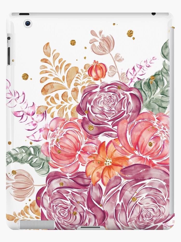 Funda y vinilo para iPad «Ramo en acuarelas, flores rosas, flores violetas,  flores naranjas, peonías, rosas, hojas, ramo de flores» de anais-design |  Redbubble