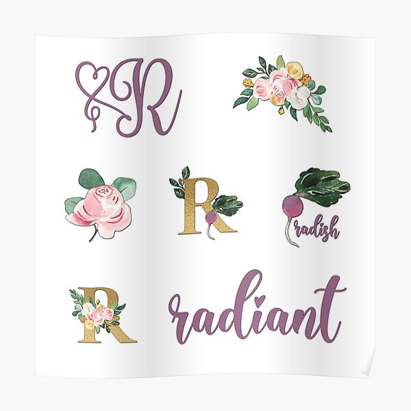 "Letter R with Flowers and radish Watercolor Composition of Letter R