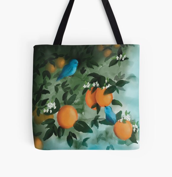 Blue birds on orange tree All Over Print Tote Bag