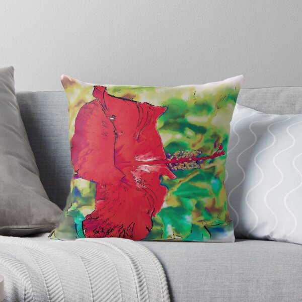 Red Hibiscus Flower Bloom Throw Pillow