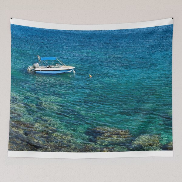 Item preview, Panoramic photograph of speedboat anchored in Mediterranean sea  designed and sold by adrianbrockwell.
