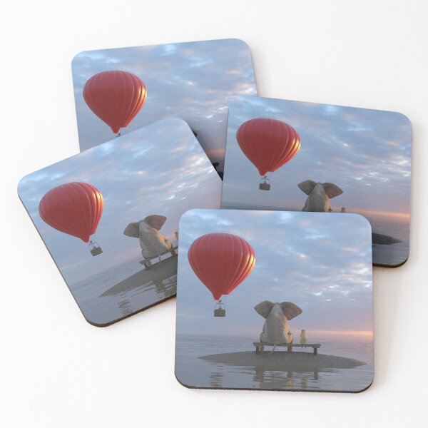 Item preview, Elephant and Dog sit on a small island and looking on hot air balloon designed and sold by Mike Kiev art.