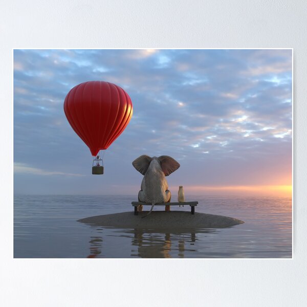 Item preview, Elefant und Hund sitzen auf einer kleinen Insel und schauen auf Heißluftballon designed and sold by Mike Kiev art.