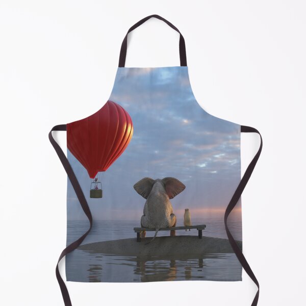Item preview, Elephant and Dog sit on a small island and looking on hot air balloon designed and sold by Mike Kiev art.