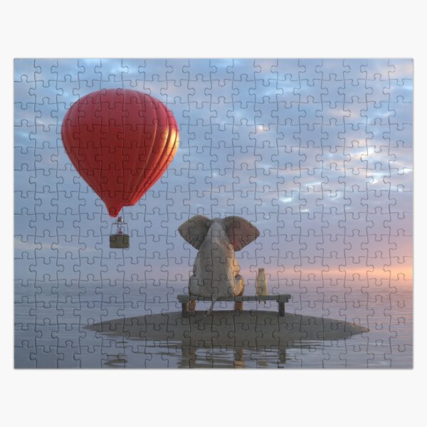 Item preview, Elephant and Dog sit on a small island and looking on hot air balloon designed and sold by Mike Kiev art.