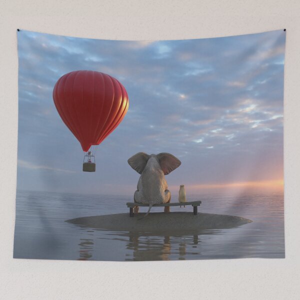 Item preview, Elephant and Dog sit on a small island and looking on hot air balloon designed and sold by Mike Kiev art.