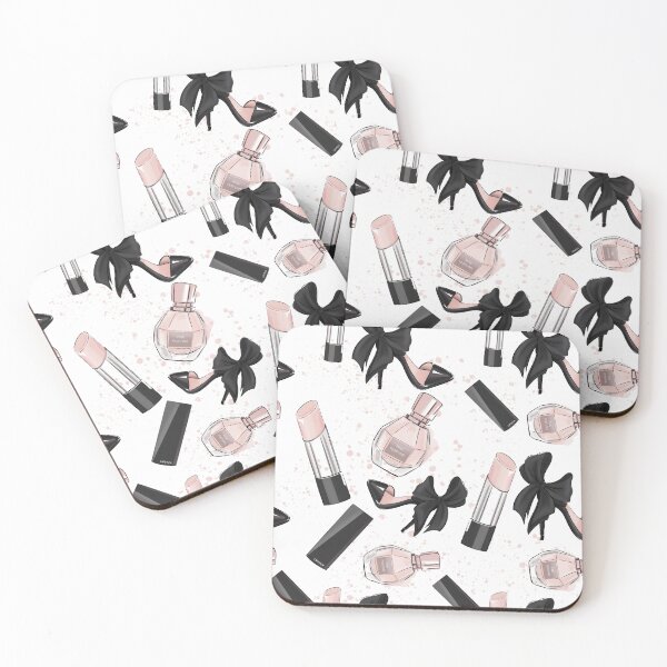 Item preview, pattern with perfume, lipstick and shoes in pink and black tones designed and sold by Aksena.