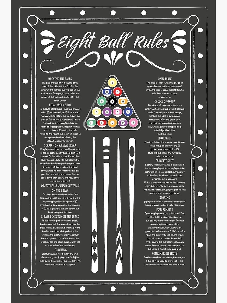 Rules of 8 Ball Pool Eight Billiards Table Game Cue Room Chart Art Poster  24x36