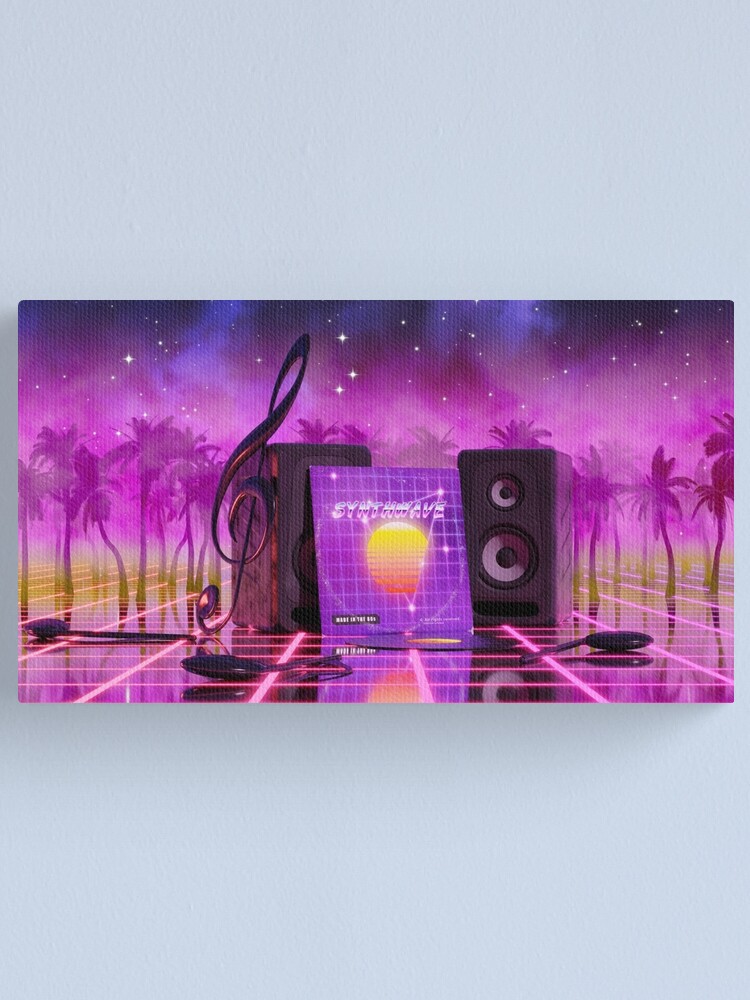 Alternate view of Synthwave music in music land with palm trees Canvas Print