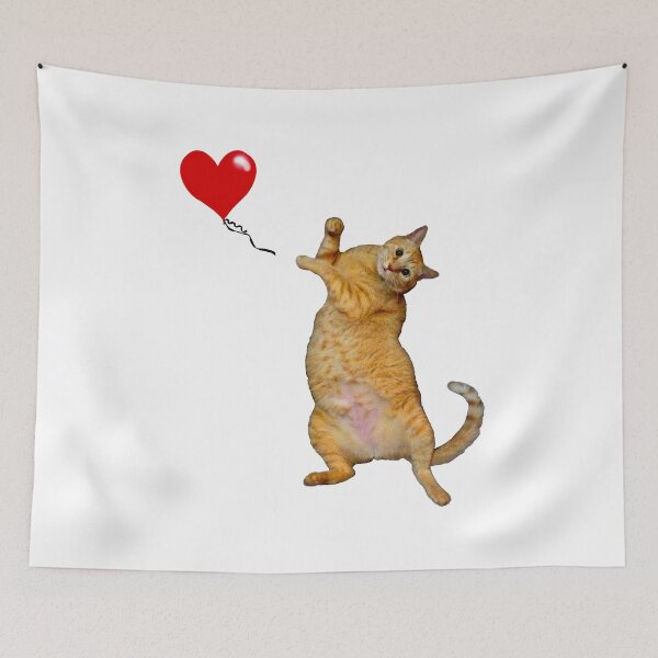 Item preview, Ginger cat setting red heart balloon aloft. designed and sold by RawSunArt.