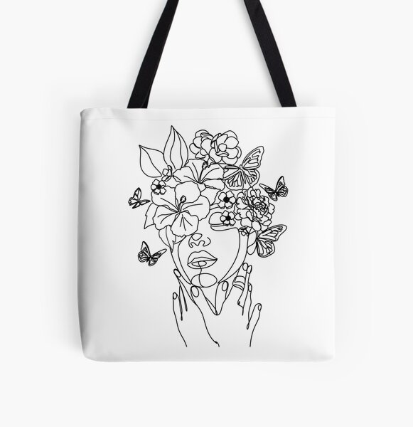 Minimal Art Tote Bag, One Line Drawing, Abstract Flowers Design