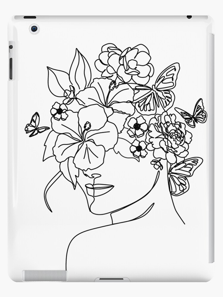 Woman head with flowers line vector drawing. style template with • wall  stickers minimalist, handwritten, graphic | myloview.com