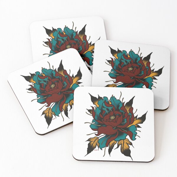 Item preview, Neotradtional Peony Tattoo Design Red and teal  designed and sold by Jasan Lagrimanta.