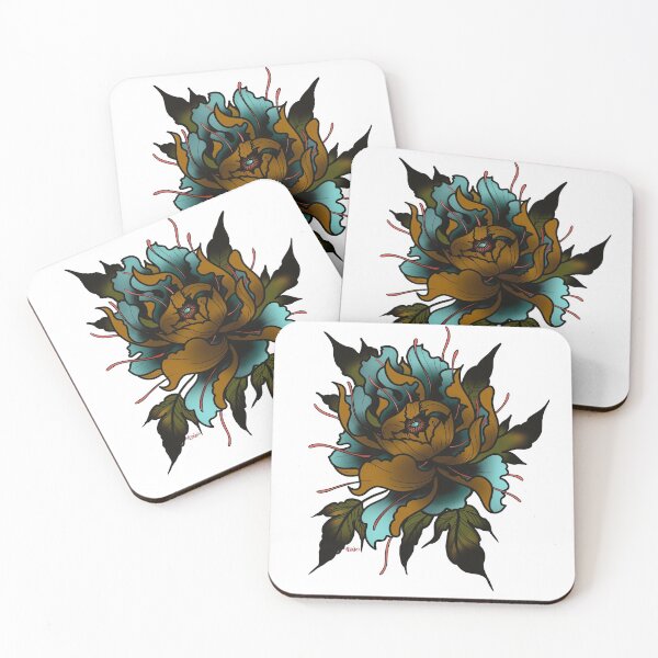 Item preview, Gold and Teal Peony Tattoo Design designed and sold by Jasan Lagrimanta.