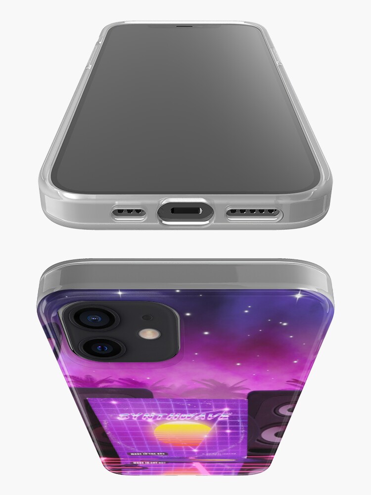 Alternate view of Synthwave music in music land with palm trees iPhone Case