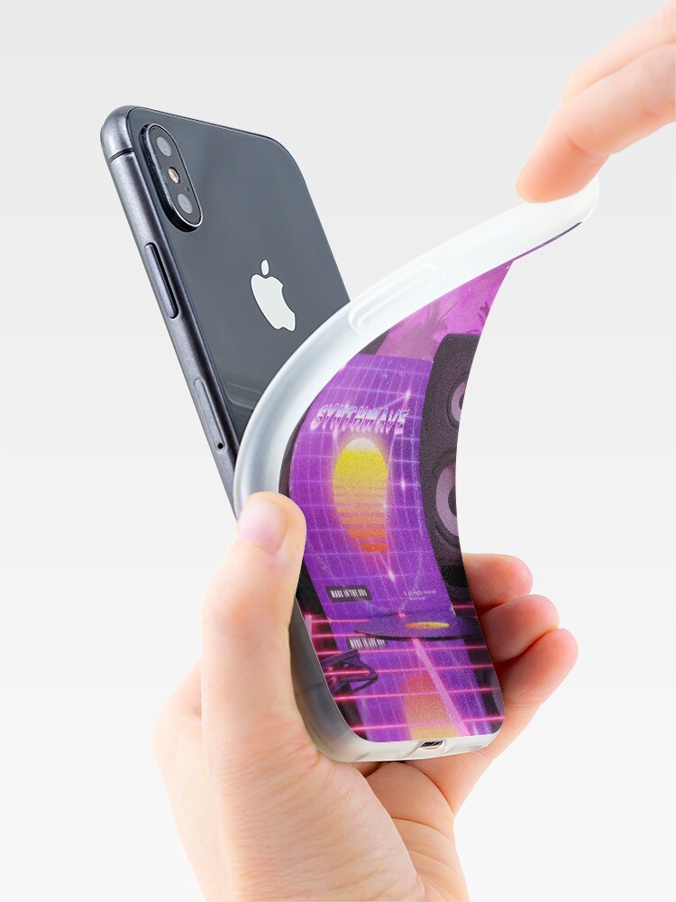 Alternate view of Synthwave music in music land with palm trees iPhone Case