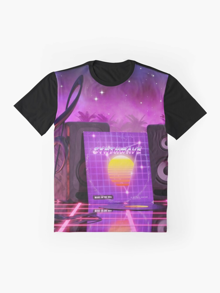 Alternate view of Synthwave music in music land with palm trees Graphic T-Shirt