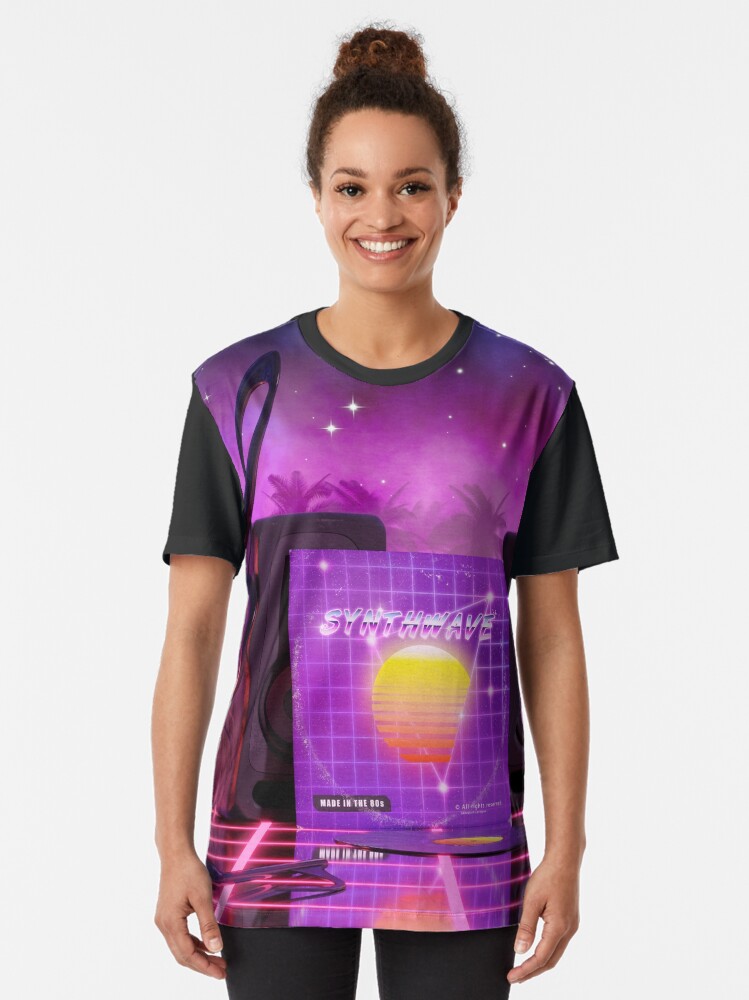 Alternate view of Synthwave music in music land with palm trees Graphic T-Shirt